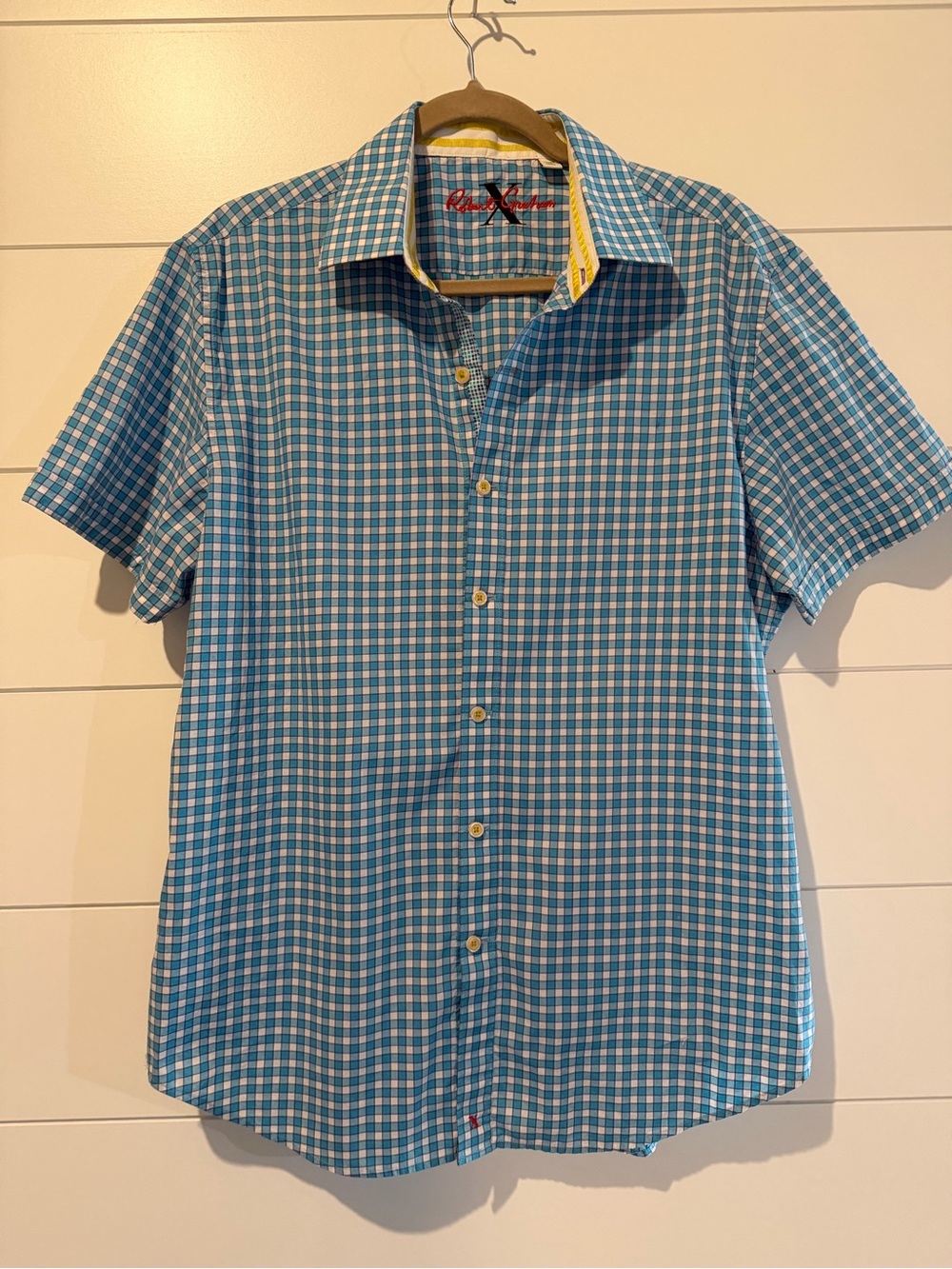 Robert Graham Teal and White Gingham Short-Sleeve Button-Down Shirt
